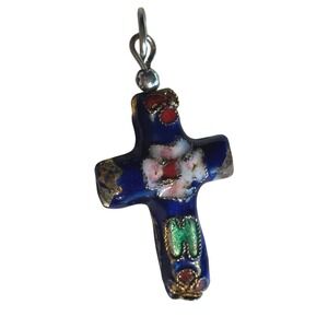 Vintage Cloisonne Floral Enamel Cross Pendant 1.5"
